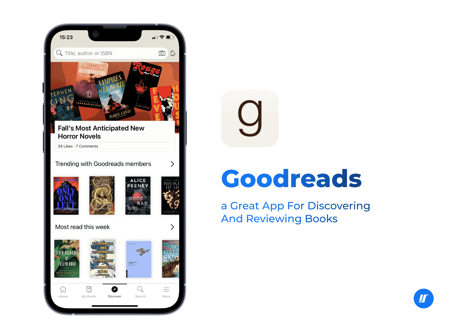 Goodreads app screenshot on the iPhone screen